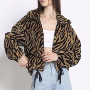 Tiger print faux fur bomber